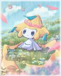  arm_support border cloud commentary_request day falling_petals flower flower_wreath grass hoppip jirachi leaning_back looking_up no_humans outdoors petals pokemon pokemon_(creature) sitting sky suama_(haruichi) 