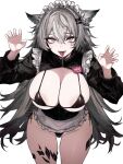  1girl absurdres alternate_costume animal_ears apron areola_slip arknights bikini black_bikini black_shrug breasts claw_pose cleavage commentary_request corset cowboy_shot eyes_visible_through_hair forked_tongue frilled_apron frills grey_eyes grey_hair groin hair_between_eyes hair_intakes hands_up highres lappland_(arknights) large_breasts long_hair long_sleeves looking_at_viewer maid_headdress material_growth micro_bikini open_mouth oripathy_lesion_(arknights) piercing saliva scar scar_across_eye shrug_(clothing) side-tie_bikini_bottom simple_background solo standing swimsuit tongue tongue_out tongue_piercing underbust vxdrq waist_apron white_apron white_background wolf_ears wolf_girl 