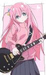  1girl black_skirt blue_eyes blush bocchi_the_rock! bright_pupils closed_mouth cube_hair_ornament duplicate electric_guitar gotoh_hitori guitar hair_ornament heart holding holding_instrument instrument ixy jacket long_hair long_sleeves looking_at_viewer one_side_up pink_background pink_hair pink_jacket pleated_skirt skirt solo sweat sweatdrop track_jacket two-tone_background white_background white_pupils 