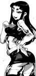  1girl ass blackfire dc_comics eyelashes greyscale hand_on_own_chest highres hoof_gloves ireading long_hair looking_at_viewer miniskirt monochrome open_mouth panties short_eyebrows skirt smile solo teen_titans thick_eyebrows underwear 