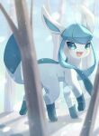  alopias animal_focus artist_name blue_eyes blue_fur english_text glaceon looking_at_viewer no_humans open_mouth outdoors pokemon pokemon_(creature) snow snowing solo tree two-tone_fur walking 