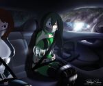  2girls angry asui_tsuyu bdsm bmw_m2 boku_no_hero_academia bondage bondagestorm bound breasts brown_hair drifting gagged gloves green_hair highres latex medium_breasts multiple_girls neon_lights night panel_gag rain seatbelt sitting uraraka_ochako vehicle_interior 