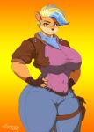  activision anthro bandicoot belt big_breasts blue_eyes bottomwear breasts clothing crash_bandicoot_(series) denim denim_clothing ear_piercing eyebrows female fingerless_gloves gloves hair hands_on_hips handwear hi_res jeans looking_at_viewer mammal marsupial multicolored_hair navel_outline neckerchief pants piercing signature simple_background smile solo spikes tawna_bandicoot thick_thighs tight_clothing topwear vest video_games wide_hips xxsparcoxx 
