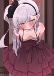  1girl arms_behind_back bare_shoulders black_hairband blue_archive blush breasts closed_mouth collarbone downblouse dress earosoligt earrings extended_downblouse feet_out_of_frame grey_hair hair_between_eyes hairband halo halterneck highres jewelry leaning_forward long_hair looking_at_viewer mutsuki_(blue_archive) mutsuki_(dress)_(blue_archive) nipples one_side_up pointy_ears purple_eyes red_dress red_halo sleeveless sleeveless_dress small_breasts smile solo 