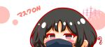  1girl absurdres black_hair blue_archive blush_stickers brown_eyes chibi earrings halo highres jewelry kurukurumagical mask misaki_(blue_archive) mouth_mask outline parted_bangs red_outline simple_background solo stud_earrings translation_request white_background 