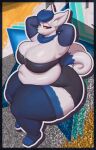  2024 absurd_res anthro belly big_belly big_breasts blue_hair bottomwear breasts cleavage clothed clothing digital_media_(artwork) english_text eyelashes female fur generation_6_pokemon hair hands_behind_head hi_res huge_breasts huge_hips huge_thighs legwear looking_at_viewer meowstic navel neck_tuft nintendo overweight overweight_female patacon pokemon pokemon_(species) red_eyes shorts solo text thick_thighs thigh_highs tuft white_body white_fur wide_hips 