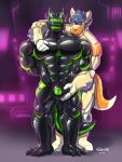  2023 abs anthro barazoku biceps big_muscles biped canid canine canis dominant dominant_anthro dominant_male dragon drone duo glaucablitz hi_res lock_bulge looking_at_viewer male male/male mammal muscular muscular_anthro muscular_dom muscular_male muscular_sub mythological_creature mythological_scalie mythology pecs scalie standing submissive submissive_anthro submissive_male wolf 