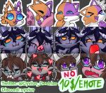  2d advertisement angel_skywolf anthro bedding black_hair blanket blue_eyes blush blush_lines calico_cat cally_(theenyface) canid canine canis capcom clothed clothing commission_sheet cute_fangs domestic_cat embarrassed emoji emoticon enginseer_cyvius explicitly_stated_nonconsent fangs felid feline felis felyne female female/female fur green_text grey_body grey_fur group hair heart_symbol hi_res horn humanoid hybrid jackal laugh lynian mammal monster_hunter mouth_closed open_mouth orange_eyes original_character palico pillow purple_eyes roxanne_the_wolf scared screaming shy sleeping smug smug_face teeth text wolf 