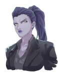  1girl black_hair breasts cleavage colored_skin commentary_request cropped_torso high_ponytail highres jacket large_breasts overwatch ponytail portrait purple_lips purple_skin shirokuro_ookami solo suit suit_jacket widowmaker_(overwatch) yellow_eyes 
