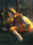  2024 3_toes anthro areola armwear bandai_namco big_breasts black_sclera breasts canid canine chest_tuft clothing digimon digimon_(species) elbow_gloves expressionless feet felin666 female forest fur genitals gloves grass handwear hi_res light lying mammal nipples on_grass on_ground on_side outside plant purple_eyes pussy raised_leg renamon small_waist solo sunlight tail thick_thighs toes tree tuft white_body white_fur yellow_areola yellow_body yellow_fur yellow_nipples 