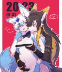  accessory anthro black_body black_fur black_hair black_nose blonde_hair blue_body blue_eyes blue_fur blush breast_squish breasts canid canine dipstick_ears dipstick_tail ear_markings female female/female fingering fox fur gloves_(marking) hair hair_accessory hi_res lililiermao mammal markings multicolored_ears purple_eyes red_background simple_background squish tail tail_markings white_body white_fur white_hair 