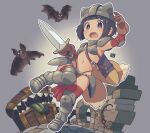  1girl animal armor armored_boots bat_(animal) bikini_armor boots bright_pupils brown_gloves cobblestone commission fang fantasy faulds fox_tail gloves helmet highleg holding holding_sword holding_weapon kukuri_(mawaru) mawaru_(mawaru) mimic mimic_chest mouse_(animal) multiple_tails navel open_mouth original outline pauldrons pelvic_curtain purple_background purple_eyes scabbard sharp_teeth sheath shoulder_armor skeb_commission skin_fang solo sweatdrop sword tail teeth thigh_boots weapon white_outline white_pupils 
