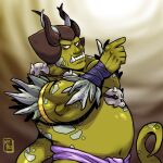  2018 arc_the_lad arc_the_lad:_twilight_of_the_spirits asian_clothing belly bone clothing densimo_(arc_the_lad) digital_media_(artwork) east_asian_clothing fundoshi green_body green_skin hi_res horn humanoid japanese_clothing looking_aside male mtcopyright musclegut muscular navel not_furry orc overweight overweight_male pecs raised_arm simple_background solo sony_corporation sony_interactive_entertainment tail_on_back teeth tusks underwear wrappings 
