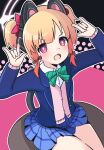  1girl \m/ ahoge-tan alternate_hairstyle animal_ear_headphones animal_ears blonde_hair blue_archive blue_jacket blue_skirt blush bow bowtie cat_ear_headphones collared_shirt commentary cosplay double_\m/ english_commentary fake_animal_ears green_bow green_bowtie halo hands_up headphones highres jacket long_sleeves looking_at_viewer love_live! love_live!_school_idol_project momoi_(blue_archive) nico_nico_nii open_clothes open_jacket open_mouth otonokizaka_school_uniform pink_eyes pink_sweater plaid plaid_skirt school_uniform shirt short_hair sitting skirt solo sweater tokui_sora twintails upper_body voice_actor_connection white_shirt winter_uniform yazawa_nico yazawa_nico_(cosplay) 