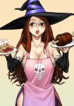  1girl apron bare_shoulders bespectacled blush breasts brown_eyes brown_hair cleavage detached_sleeves dragon&#039;s_crown dress food glasses hat holding holding_plate kahadu_(kawazu) large_breasts long_hair looking_at_viewer meat open_mouth pastry pink_apron plate simple_background skull_print solo sorceress_(dragon&#039;s_crown) upper_body white_background witch_hat 