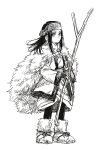  1girl ainu asirpa expressionless full_body gloves golden_kamuy greyscale haruki_chise headband highres holding holding_stick looking_at_viewer monochrome solo standing stick white_background 