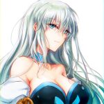  1girl bare_shoulders blue_choker blue_eyes breasts choker cleavage closed_mouth collarbone fate/grand_order fate_(series) grey_hair hair_between_eyes hair_down highres large_breasts long_bangs long_hair looking_at_viewer morgan_le_fay_(fate) ringozuki simple_background solo two-tone_dress upper_body very_long_hair white_background 