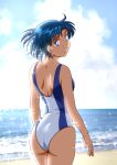  ass back_cutout beach bishoujo_senshi_sailor_moon blue_hair blue_one-piece_swimsuit clothing_cutout cloud cloudy_sky day ear_piercing from_behind kaze_no_ryuuryuu looking_back mizuno_ami ocean one-piece_swimsuit outdoors piercing short_hair sky sparkle standing swimsuit two-tone_one-piece_swimsuit white_one-piece_swimsuit wind 
