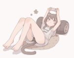  1girl animal_ears bare_legs barefoot black_panties blush brown_eyes brown_hair cat_ears cat_girl cat_tail cellphone clothes_writing colon_br commentary_request full_body highres holding holding_phone long_hair lying on_back original panties parted_lips phone short_sleeves simple_background smartphone solo tail underwear white_background 