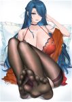  1girl absurdres azuma_fubuki bare_arms bare_shoulders black_pantyhose blue_eyes blue_hair breasts cleavage dark_blue_hair feet hair_over_one_eye highres huge_breasts large_breasts long_hair looking_at_viewer mato_kuroi mato_seihei_no_slave mature_female no_shoes open_mouth pantyhose pillow soles thighband_pantyhose toes very_long_hair 