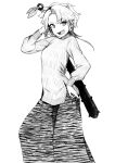 1girl absurdres akishimo_(kancolle) animal_print club_(weapon) cone_horns cosplay feet_out_of_frame hand_on_own_hip hatsushimo_(kancolle) hatsushimo_(kancolle)_(cosplay) highres horns kanabou kantai_collection monochrome open_mouth ribbed_sweater short_hair short_hair_with_long_locks simple_background solo spiked_club sweater tiger_print tsuji_kazuho weapon 