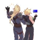  2boys arm_armor armor artist_name belt black_gloves black_pants black_sweater blonde_hair blue_pants blue_shirt brown_belt cheppo cloud_strife commentary english_commentary english_text final_fantasy final_fantasy_vii final_fantasy_vii_rebirth final_fantasy_vii_remake from_behind gloves hand_on_another&#039;s_hip hand_up hands_up highres holding_orb long_hair male_focus military_uniform multiple_boys pants pauldrons roche_(ff7r) shirt short_hair shoulder_armor single_pauldron sleeveless sleeveless_sweater sleeveless_turtleneck sparkle spiked_hair sweater thigh_strap turtleneck turtleneck_sweater uniform upper_body white_background yaoi 