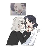  2girls black_hair black_sweater blush commentary_request cropped_torso danji_bang girls_band_cry grey_eyes grey_hair hands_on_another&#039;s_cheeks hands_on_another&#039;s_face kawaragi_momoka korean_commentary long_hair long_sleeves multiple_girls nana_(girls_band_cry) open_mouth shirt short_hair sidelocks simple_background sweatdrop sweater upper_body white_background white_shirt yellow_eyes 