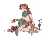  1boy 1girl alternate_costume ancient_greek_clothes androgynous arm_at_side armlet bangle bare_legs bracelet cape curtained_hair da_li_si_rizhi doupu41 facing_to_the_side food freckles fruit gold_armlet grapes greco-roman_clothes green_scarf hand_up highres holding holding_food holding_fruit jewelry laurel_crown light_blush light_smile looking_down male_focus medium_hair nose parted_bangs parted_lips pomeg_berry pomegranate sash scarf short_ponytail simple_background sitting sleeveless solo thighhighs three_quarter_view vase waist_cape white_background white_thighhighs yellow_cape yellow_sash yokozuwari zhihua_yi 