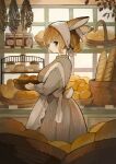  1girl :| absurdres animal_ears apron baguette bakery basket black_eyes bowl bread breasts closed_mouth commentary double_bun dress english_commentary food from_side hair_bun head_scarf highres holding indoors jam jitome looking_at_viewer looking_to_the_side medium_breasts muffin original pinstripe_dress pinstripe_pattern profile rabbit rabbit_ears rabbit_tail revision sakutake_(ue3sayu) shelf shop short_hair solid_eyes solo standing tail white_apron 