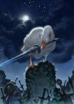  1other absurdres animal armor bird chosen_undead cloud dark_souls_(series) dark_souls_i glowing glowing_eyes goose goose_(untitled_goose_game) great_grey_wolf_sif helm helmet highres holding holding_sword holding_weapon moon mouth_hold night nrcgray oversized_animal parody planted planted_sword shield sky standing star_(sky) starry_sky sword untitled_goose_game weapon 
