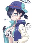  1girl animal_print aqua-framed_eyewear bikini black_gloves black_hair blue_archive blue_hat blue_jacket blush breasts bucket_hat chihiro_(blue_archive) chihiro_(camp)_(blue_archive) cleavage closed_mouth commentary cow_print cow_print_bikini doodle_sensei_(blue_archive) glasses gloves green_eyes green_hat hair_between_eyes hair_ornament hair_tie halo hat highres hood hood_down hooded_jacket jacket large_breasts long_sleeves looking_at_viewer multicolored_clothes multicolored_jacket official_alternate_costume official_alternate_hairstyle omochi_mochi_(mcmc_akari) open_clothes open_jacket print_bikini semi-rimless_eyewear sensei_(blue_archive) short_hair sidelocks simple_background solo_focus squiggle standing swimsuit two-tone_headwear two-tone_jacket under-rim_eyewear white_background yellow_jacket 