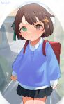 1girl absurdres aged_down backpack bag blue_skirt blue_sweater blush bow brown_eyes brown_hair chestnut_mouth child commentary cross-shaped_pupils green_bow green_eyes hair_bow hair_flaps hair_ornament heterochromia highres idol_corp kindergarten_uniform looking_at_viewer meica_(vtuber) mismatched_pupils outdoors randoseru red_bag rorirori_(rorirori45) school_bag shirt short_hair skirt solo sprout-shaped_pupils star_(symbol) star_hair_ornament sweater symbol-shaped_pupils virtual_youtuber white_shirt 