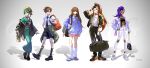  5girls :d alternate_costume asymmetrical_hair backpack bag bandeau beret black_bag black_bandeau black_footwear black_haori black_hat black_jacket black_necktie black_pants black_sash black_socks blue_sweater bow bowtie bracelet brigitte_(overwatch) brown_eyes brown_hair cable_hair closed_mouth clothes_around_waist d.va_(overwatch) dress_shirt duffel_bag eyebrow_cut facial_mark fashion flower full_body green_hair green_jacket green_kimono green_nails hand_in_pocket hand_on_own_head handbag hat hat_flower headphones headphones_around_neck high_ponytail highres holding holding_bag jacket jacket_around_waist japanese_clothes jewelry kimono kiriko_(overwatch) kneehighs lineup long_hair loose_socks mary_janes medium_hair microskirt midriff multiple_girls navel necktie obi open_clothes open_jacket orange-tinted_eyewear orange_bag overwatch overwatch_2 pants parted_lips pink_jacket pink_lips pink_skirt pleated_skirt purple_eyes purple_hair red_bow red_bowtie red_lips road_233 round_eyewear sash shadow shaved_head shirt shirt_tucked_in shirt_under_sweater shoes shoulder_bag signature simple_background skirt sleeves_past_elbows smile sneakers socks sombra_(overwatch) straight_hair streetwear sweater sweatpants tinted_eyewear torn_clothes torn_pants tracer_(overwatch) undercut visor_cap whisker_markings white_background white_footwear white_pants white_shirt white_socks wide_sleeves yellow_hat 