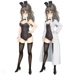  1girl absurdres animal_ears black_bow black_bowtie black_legwear black_leotard bow bowtie brown_eyes detached_collar full_body futaba_rio grey_hair hand_on_hip high_heels highres labcoat leotard long_hair looking_at_viewer multiple_views pantyhose playboy_bunny rabbit_ears rabbit_tail sainohikari seishun_buta_yarou simple_background strapless strapless_leotard tail thighhighs white_background 