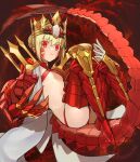  1girl ahoge aoten_(aoiroarekore) bikini blonde_hair braid breasts chalice criss-cross_halter crown cup dragon_claw dragon_tail elbow_gloves facial_mark fate/grand_order fate_(series) french_braid gloves hair_bun hair_intakes hair_ribbon halterneck highres long_hair looking_at_viewer nero_claudius_(fate) open_clothes pointy_ears queen_draco_(fate) queen_draco_(second_ascension)_(fate) red_bikini red_eyes red_ribbon ribbon robe scales single_glove small_breasts solo swimsuit tail white_gloves white_robe 