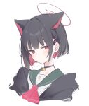  1227ree 1girl absurdres animal_ear_fluff animal_ears black_choker black_hair black_jacket blue_archive blush cat_ears choker closed_mouth colored_inner_hair extra_ears green_sailor_collar halo highres jacket kazusa_(blue_archive) looking_at_viewer multicolored_hair open_clothes open_jacket pink_hair pink_halo red_eyes sailor_collar short_hair simple_background solo upper_body white_background 