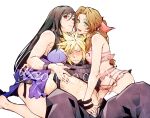  aerith_gainsborough bare_legs biceps black_hair blonde_hair blush bra breasts brown_eyes brown_hair clothes_lift cloud_strife final_fantasy final_fantasy_vii final_fantasy_vii_remake frilled_bra frilled_garter_belt frilled_panties frills girl_sandwich green_eyes hand_in_another&#039;s_underwear hand_in_underwear highres nightgown panties pink_bra pink_panties purple_nightgown rukashio sandwiched shirt_lift spiked_hair tifa_lockhart toned underwear 