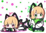  2girls animal_ear_headphones animal_ears black_thighhighs blonde_hair blue_archive blush_stickers cat_tail character_name closed_mouth fake_animal_ears green_eyes green_halo halo handheld_game_console headphones highres holding holding_handheld_game_console jacket long_sleeves midori_(blue_archive) mitsuki/saniya momoi_(blue_archive) multiple_girls pink_halo playing_games red_eyes short_hair siblings sisters smile tail thighhighs twins white_jacket 