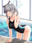  1girl animal_ear_fluff animal_ears are_you_333 black_one-piece_swimsuit blue_archive blue_eyes breasts commentary_request competition_swimsuit covered_navel cross_hair_ornament extra_ears grey_hair hair_ornament halo highres leaning_forward looking_at_viewer low_ponytail medium_breasts medium_hair mismatched_pupils multicolored_clothes multicolored_swimsuit official_alternate_costume one-piece_swimsuit shiroko_(blue_archive) shiroko_(swimsuit)_(blue_archive) solo swimsuit water wolf_ears 