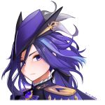  1girl absurdres brooch clorinde_(genshin_impact) dated genshin_impact hat highres jewelry long_hair looking_at_viewer portrait purple_eyes purple_hair purple_hat simple_background solo szei tricorne white_background 