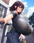  1girl absurdres bag blue_pants blush breasts brown_eyes brown_hair building cloud denim english_commentary gigantic_breasts hair_behind_ear highres holding holding_bag jeans looking_at_viewer masamasa medium_hair mixed-language_commentary open_mouth original pants sky solo sweat tree 