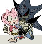  1boy 1girl amy_rose animal_ears animal_nose black_sclera bracelet claws colored_sclera constricted_pupils crying crying_with_eyes_open dress feeding force-feeding guro hairband hedgehog_ears hedgehog_girl highres implied_cannibalism jewelry joints long_eyelashes mechanical_hands neo_metal_sonic nervous_sweating pink_fur pink_hairband raw_meat red_dress red_eyes robot robot_joints scared shoulder_pads sleeveless sleeveless_dress sonic_(series) spiked_belt streaming_tears sweat tears traumatized xue_gin yandere 