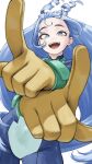  1girl :d absurdres blue_bodysuit blue_eyes blue_hair bodysuit boku_no_hero_academia drill_hair fengling_(furin-jp) gloves green_bodysuit hadou_nejire highres long_hair multicolored_bodysuit multicolored_clothes open_mouth simple_background smile solo superhero_costume twin_drills white_background yellow_gloves 