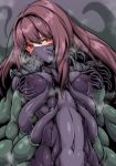  1girl absurdres bangs blush bodysuit breasts commentary_request covered_nipples eyebrows_visible_through_hair fate/grand_order fate_(series) hair_intakes highres impossible_clothes lactation large_breasts long_hair looking_at_viewer mask mouth_mask ninja_mask purple_hair red_eyes restrained scathach_(fate) schopdehollyhotter shiny shiny_hair sidelocks skin_tight solo tentacles upper_body very_long_hair 