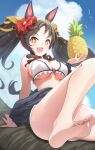  +_+ 1girl alternate_costume animal_ears black_hair breasts cloud commentary_request fang food fruit highres horse_ears jacket large_breasts looking_at_viewer marvelous_sunday_(umamusume) ooshima_kojima open_mouth pineapple sky swimsuit twintails umamusume yellow_eyes 