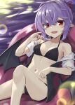  1girl akisome_hatsuka bat_wings bikini black_bikini black_jacket breasts commentary_request feet_out_of_frame hair_intakes hood hooded_jacket jacket navel pointy_ears purple_hair red_eyes remilia_scarlet small_breasts smile solo swimsuit touhou water wings 