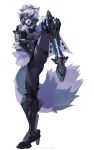  2024 absurd_res anthro belt bottomwear canid canine canis clothing cybernetic_leg cybernetic_limb fingerless_gloves fur gloves hair handwear hi_res male mammal mihoyo pants raised_leg red_eyes simple_background solo tail topwear vest von_lycaon weibo weibo_id_1822685494 white_body white_fur white_hair white_tail wolf zenless_zone_zero 