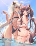  2girls absurdres ahoge animal_ear_fluff animal_ears assisted_exposure bell bikini black_bikini blue_sky braid breasts bridal_garter brown_hair butterfly_hair_ornament butterfly_tattoo cat_ears cat_girl cat_tail commission cowboy_shot crown_braid day facial_tattoo fang grey_hair grin hair_bell hair_between_eyes hair_ornament hand_on_another&#039;s_ass hand_on_another&#039;s_shoulder highres jingle_bell korean_commentary large_breasts long_hair looking_at_viewer medium_breasts multiple_girls open_mouth original outdoors ponytail purple_eyes ribbon romi_dajung second-party_source side-tie_bikini_bottom sidelocks skin_fang sky smile sul-lin-a_(hurukku) swimsuit tail tattoo twintails untied_bikini very_long_hair wading water wet white_bikini white_ribbon woo_sinbi_(hurukku) yellow_eyes 