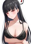  1girl black_bra black_hair blue_archive blush bra breasts cleavage hair_ornament hairclip halo highres hime_cut long_hair looking_at_viewer mono_(user_xxxx3247) red_eyes ringed_eyes rio_(blue_archive) simple_background solo underwear underwear_only variant_set white_background 
