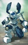  1boy armor blurry blurry_background commentary_request degarashi_(ponkotsu) full_body humanoid_robot male_focus medarot on_one_knee robot shinzan_(medarot) solo white_armor 